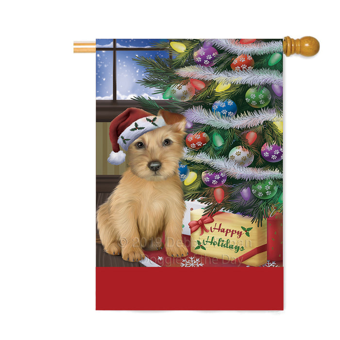Personalized Christmas Happy Holidays Australian Terrier Dog with Tree and Presents Custom House Flag FLG-DOTD-A58645
