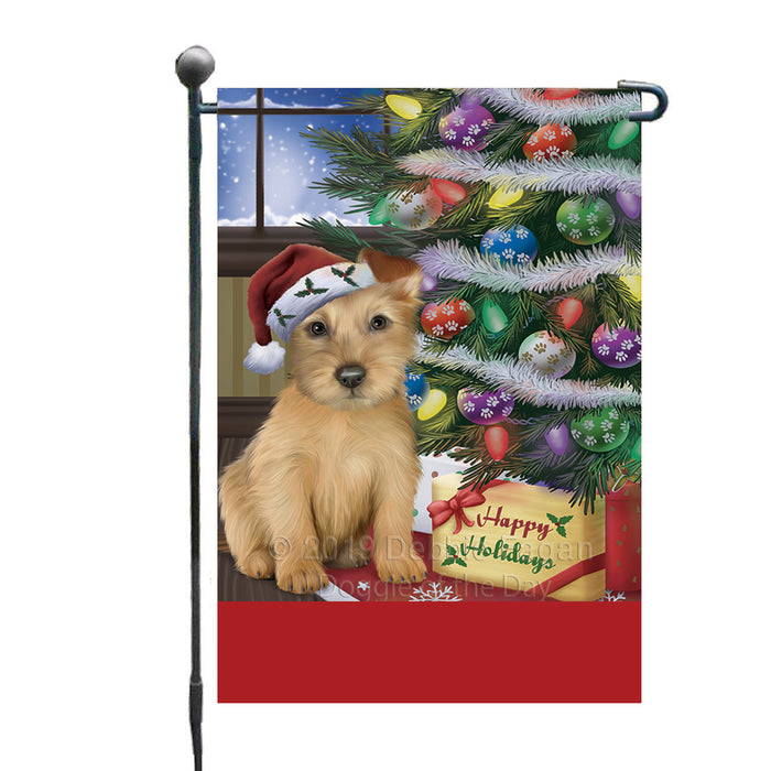 Personalized Christmas Happy Holidays Australian Terrier Dog with Tree and Presents Custom Garden Flags GFLG-DOTD-A58589