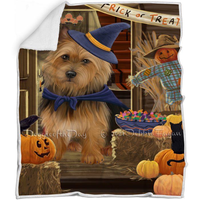 Enter at Own Risk Trick or Treat Halloween Australian Terrier Dog Blanket BLNKT94062