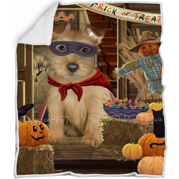 Enter at Own Risk Trick or Treat Halloween Australian Terrier Dog Blanket BLNKT94071