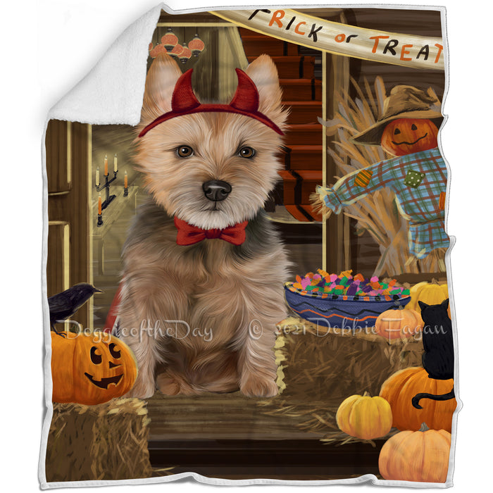 Enter at Own Risk Trick or Treat Halloween Australian Terrier Dog Blanket BLNKT94089