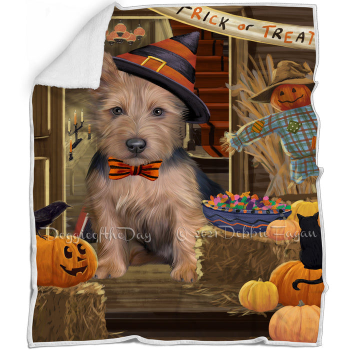 Enter at Own Risk Trick or Treat Halloween Australian Terrier Dog Blanket BLNKT94098