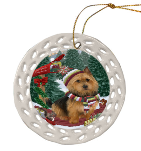 Christmas Woodland Sled Australian Terrier Dog Doily Ornament DPOR59035