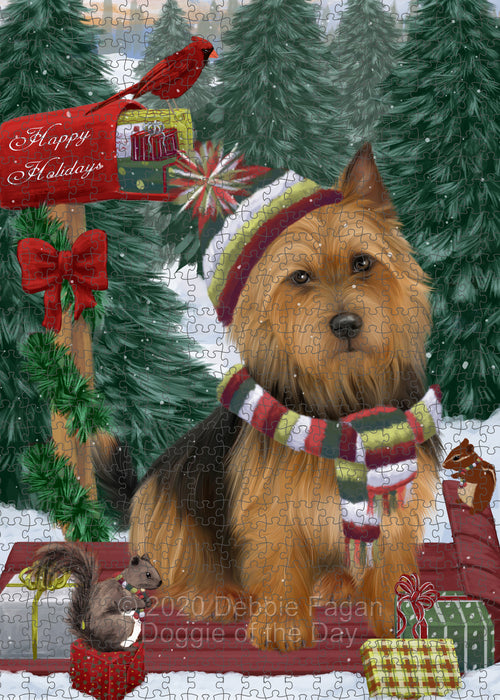 Christmas Woodland Sled Australian Terrier Dog Portrait Jigsaw Puzzle for Adults Animal Interlocking Puzzle Game Unique Gift for Dog Lover's with Metal Tin Box PZL860