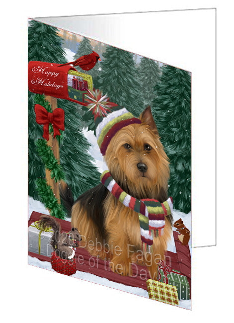Christmas Woodland Sled Australian Terrier Dog Handmade Artwork Assorted Pets Greeting Cards and Note Cards with Envelopes for All Occasions and Holiday Seasons
