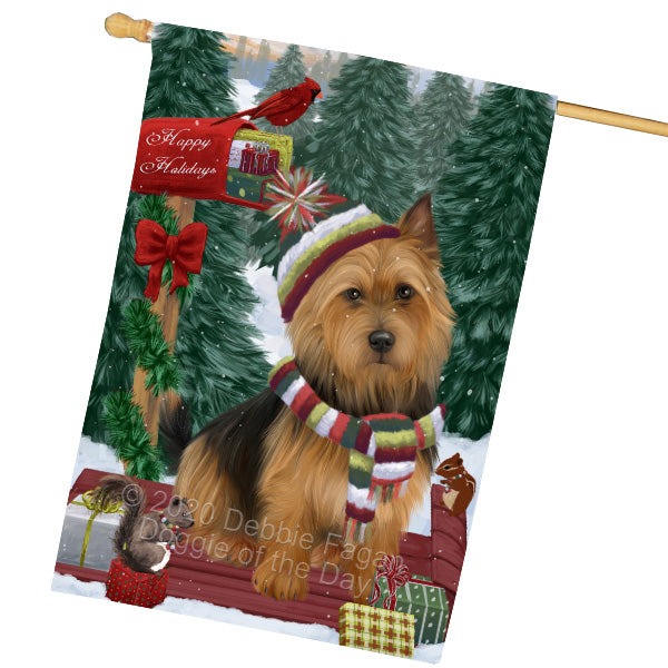 Christmas Woodland Sled Australian Terrier Dog House Flag Outdoor Decorative Double Sided Pet Portrait Weather Resistant Premium Quality Animal Printed Home Decorative Flags 100% Polyester FLG69537