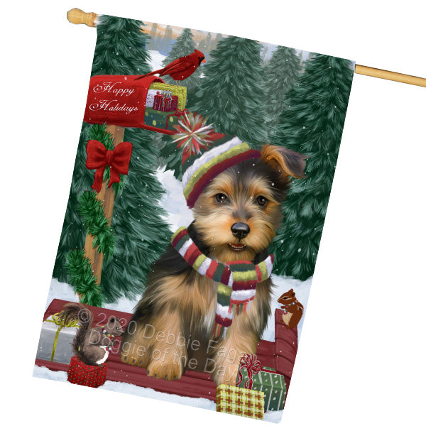 Christmas Woodland Sled Australian Terrier Dog House Flag Outdoor Decorative Double Sided Pet Portrait Weather Resistant Premium Quality Animal Printed Home Decorative Flags 100% Polyester FLG69538