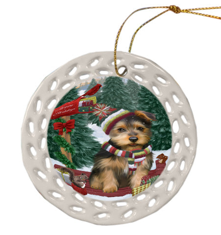 Christmas Woodland Sled Australian Terrier Dog Doily Ornament DPOR59036