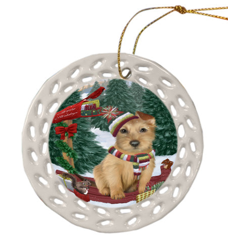 Christmas Woodland Sled Australian Terrier Dog Doily Ornament DPOR59037