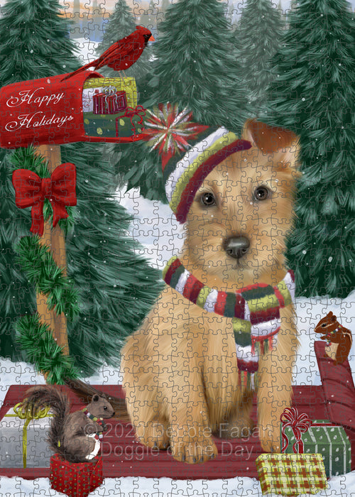 Christmas Woodland Sled Australian Terrier Dog Portrait Jigsaw Puzzle for Adults Animal Interlocking Puzzle Game Unique Gift for Dog Lover's with Metal Tin Box PZL862