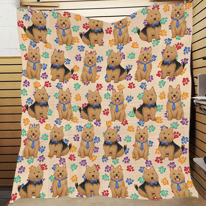Rainbow Paw Print Australian Terrier Dogs Blue Quilt