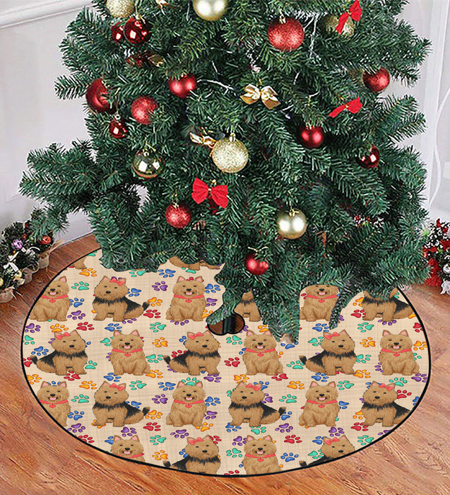 Rainbow Paw Print Australian Terrier Dogs Red Christmas Tree Skirt