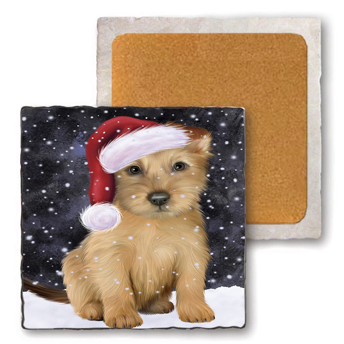 Let it Snow Christmas Holiday Australian Terrier Dog Wearing Santa Hat Set of 4 Natural Stone Marble Tile Coasters MCST49274