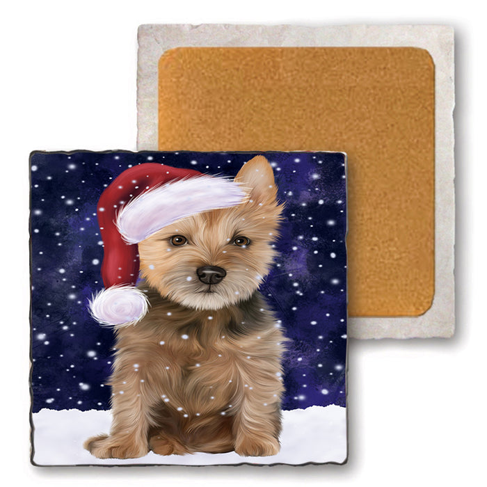 Let it Snow Christmas Holiday Australian Terrier Dog Wearing Santa Hat Set of 4 Natural Stone Marble Tile Coasters MCST49275