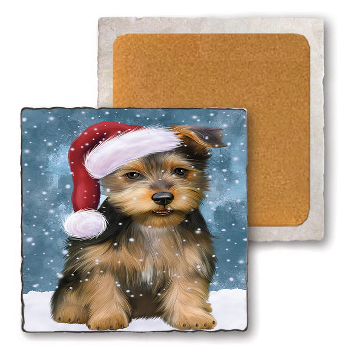 Let it Snow Christmas Holiday Australian Terrier Dog Wearing Santa Hat Set of 4 Natural Stone Marble Tile Coasters MCST49276