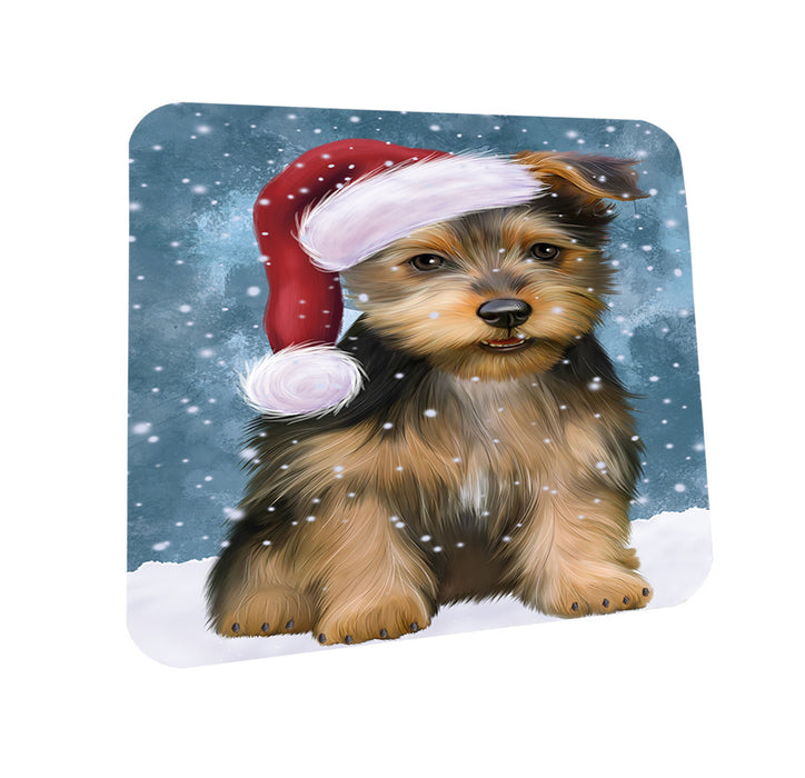 Let it Snow Christmas Holiday Australian Terrier Dog Wearing Santa Hat Mug and Coaster Set MUC54268
