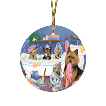 Rub A Dub Dogs In A Tub Australian Terriers Dog Round Flat Christmas Ornament RFPOR57114