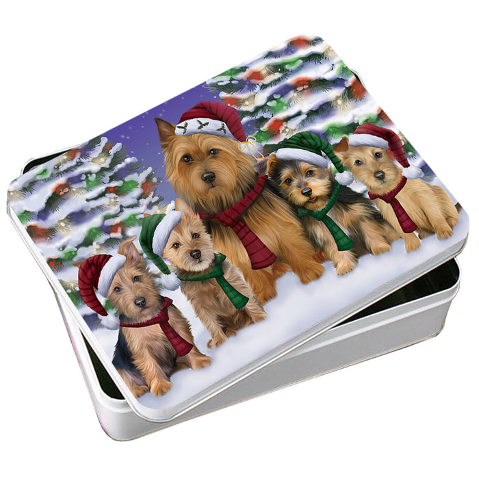 Australian Terriers Dog Christmas Family Portrait in Holiday Scenic Background Photo Storage Tin PITN52705