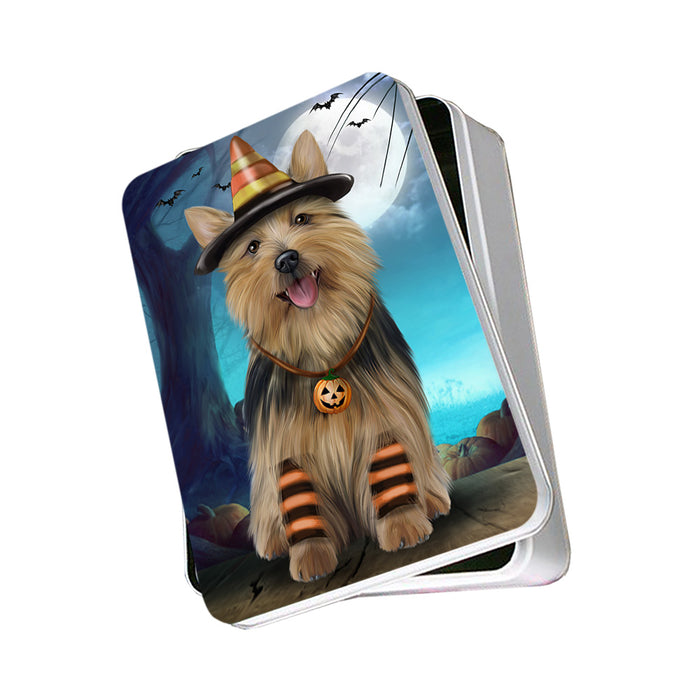 Happy Halloween Trick or Treat Australian Terrier Dog Candy Corn Photo Storage Tin PITN52502