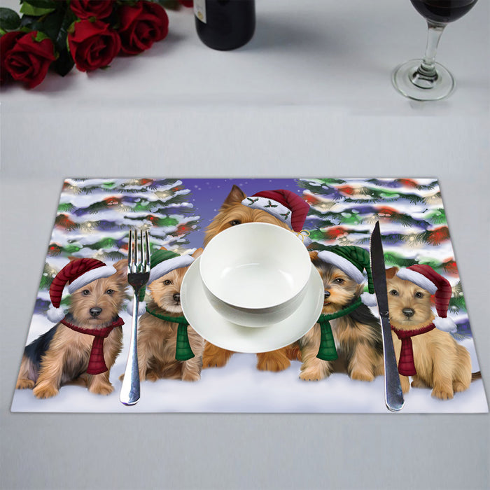 Australian Terrier Dogs Christmas Family Portrait in Holiday Scenic Background Placemat