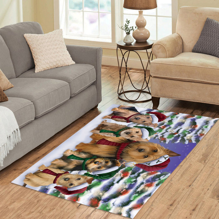 Australian Terrier Dogs Christmas Family Portrait in Holiday Scenic Background Area Rug