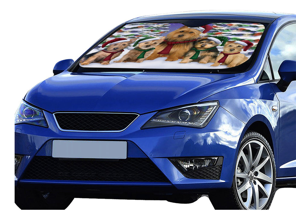 Australian Terrier Dogs Christmas Family Portrait in Holiday Scenic Background Car Sun Shade