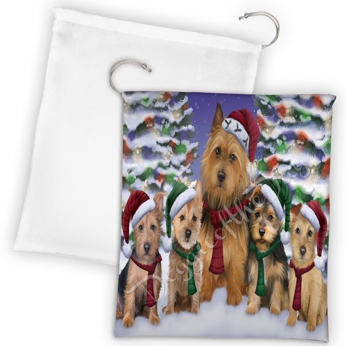 Australian Terrier Dogs Christmas Family Portrait in Holiday Scenic Background Drawstring Laundry or Gift Bag LGB48110