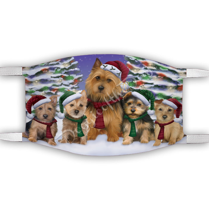 Australian Terrier Dogs Christmas Family Portrait in Holiday Scenic Background Face Mask FM48312