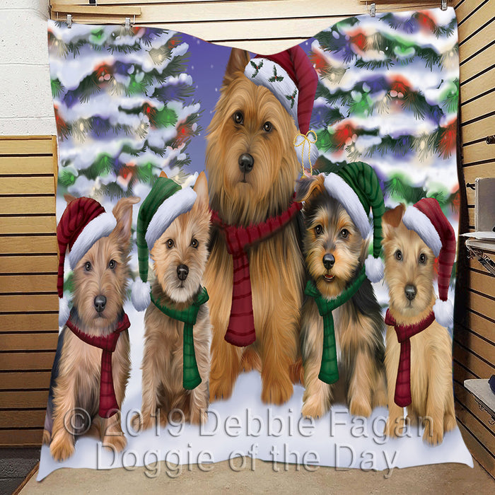Australian Terrier Dogs Christmas Family Portrait in Holiday Scenic Background Quilt