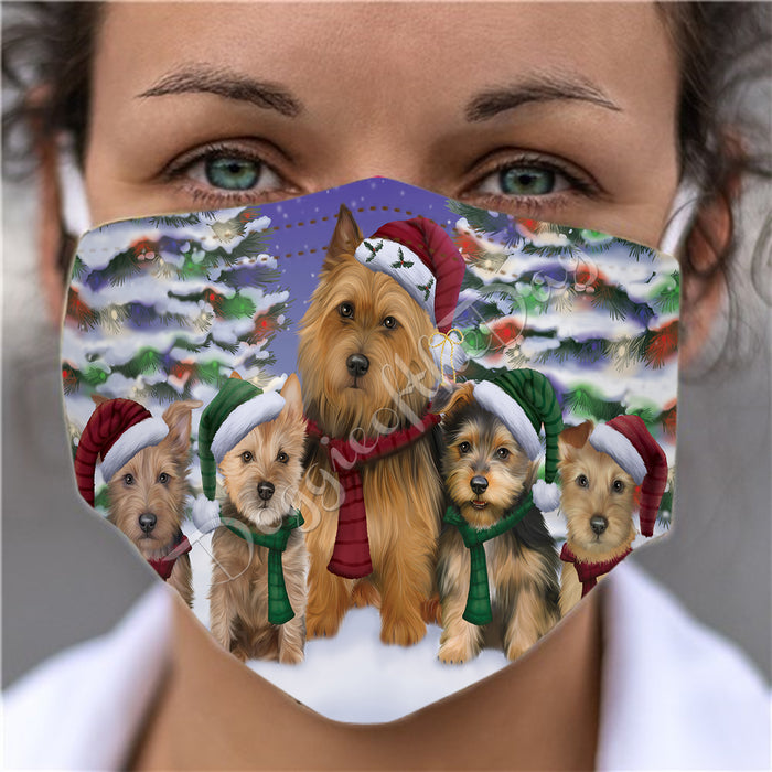 Australian Terrier Dogs Christmas Family Portrait in Holiday Scenic Background Face Mask FM48312