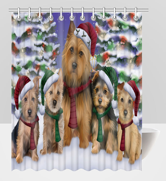 Australian Terrier Dogs Christmas Family Portrait in Holiday Scenic Background Shower Curtain