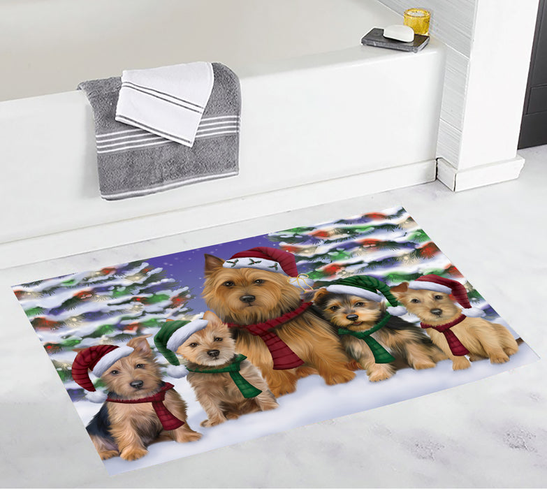 Australian Terrier Dogs Christmas Family Portrait in Holiday Scenic Background Bath Mat