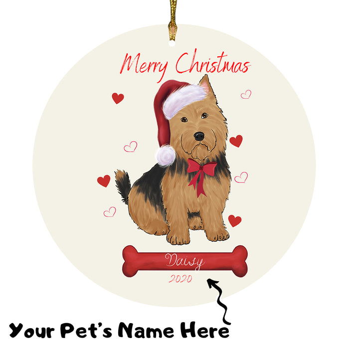 Personalized Merry Christmas  Australian Terrier Dog Christmas Tree Round Flat Ornament RBPOR58906