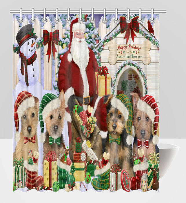 Happy Holidays Christmas Australian Terrier Dogs House Gathering Shower Curtain