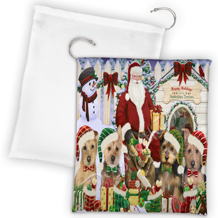 Happy Holidays Christmas Australian Terrier Dogs House Gathering Drawstring Laundry or Gift Bag LGB48013