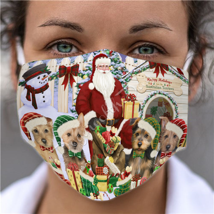 Happy Holidays Christmas Australian Terrier Dogs House Gathering Face Mask FM48215