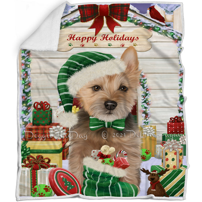 Happy Holidays Christmas Australian Terrier Dog House with Presents Blanket BLNKT142040