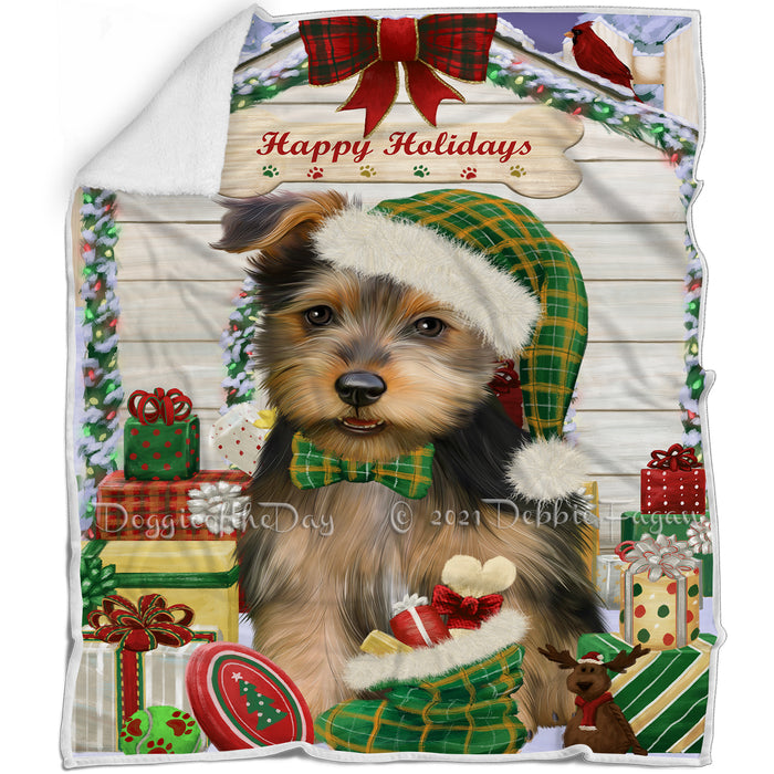 Happy Holidays Christmas Australian Terrier Dog House with Presents Blanket BLNKT142041