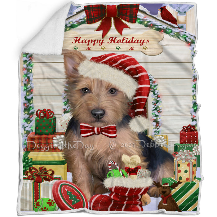 Happy Holidays Christmas Australian Terrier Dog House with Presents Blanket BLNKT142042