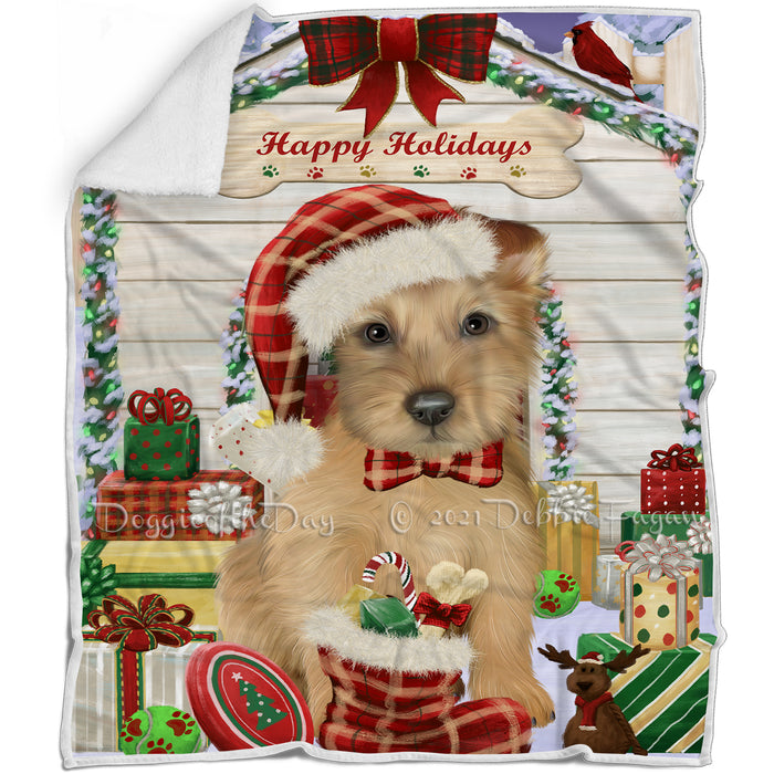 Happy Holidays Christmas Australian Terrier Dog House with Presents Blanket BLNKT142043