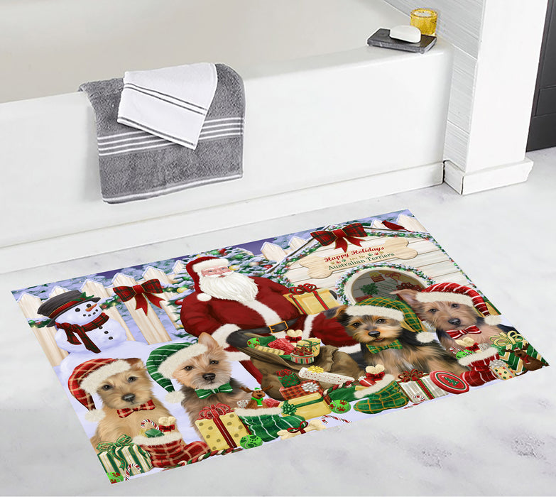 Happy Holidays Christma Australian Terrier Dogs House Gathering Bath Mat