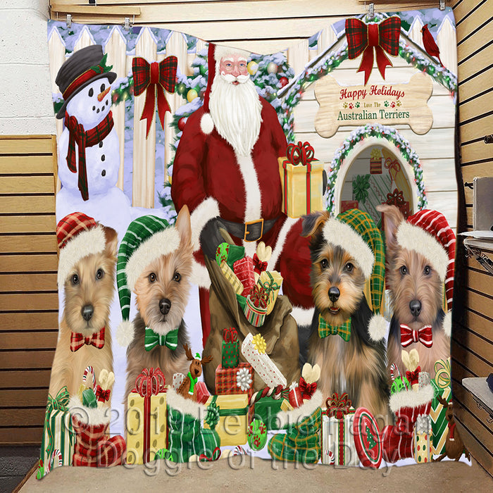 Happy Holidays Christmas Australian Terrier Dogs House Gathering Quilt