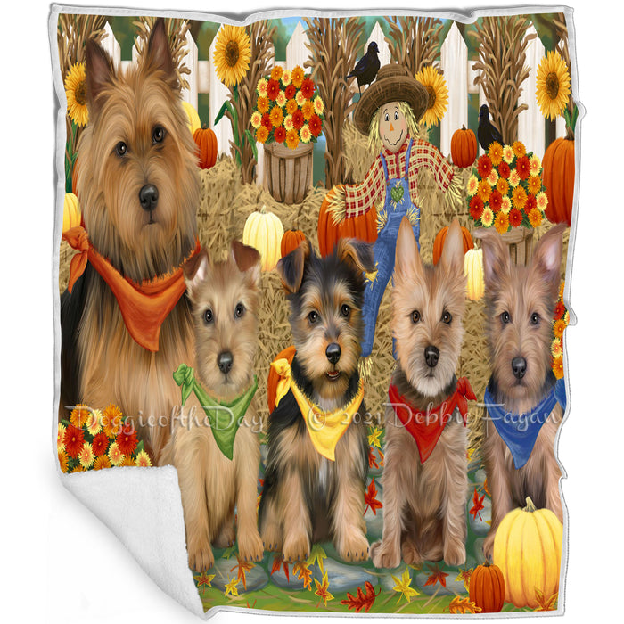 Fall Festive Gathering Australian Terrier Dogs with Pumpkins Blanket BLNKT142399