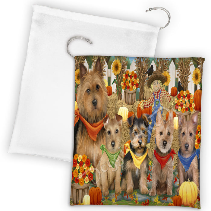 Fall Festive Harvest Time Gathering Australian Terrier Dogs Drawstring Laundry or Gift Bag LGB48371