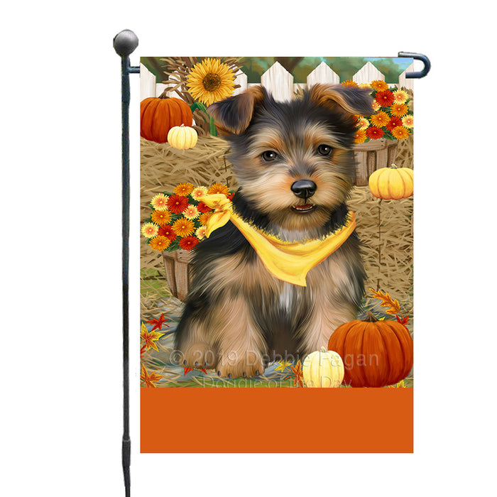 Personalized Fall Autumn Greeting Australian Terrier Dog with Pumpkins Custom Garden Flags GFLG-DOTD-A61787