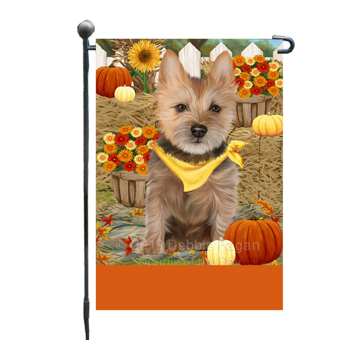 Personalized Fall Autumn Greeting Australian Terrier Dog with Pumpkins Custom Garden Flags GFLG-DOTD-A61788