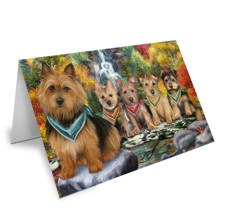 Scenic Waterfall Australian Terriers Dog Handmade Artwork Assorted Pets Greeting Cards and Note Cards with Envelopes for All Occasions and Holiday Seasons GCD54473