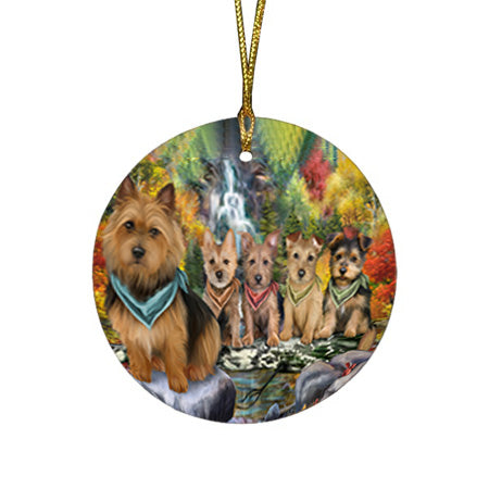 Scenic Waterfall Australian Terriers Dog Round Flat Christmas Ornament RFPOR50139