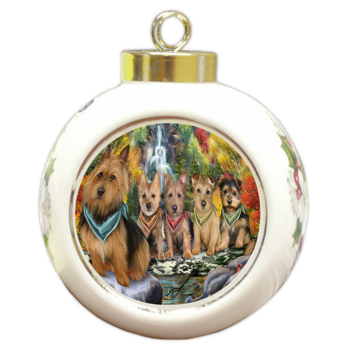 Scenic Waterfall Australian Terriers Dog Round Ball Christmas Ornament RBPOR50148