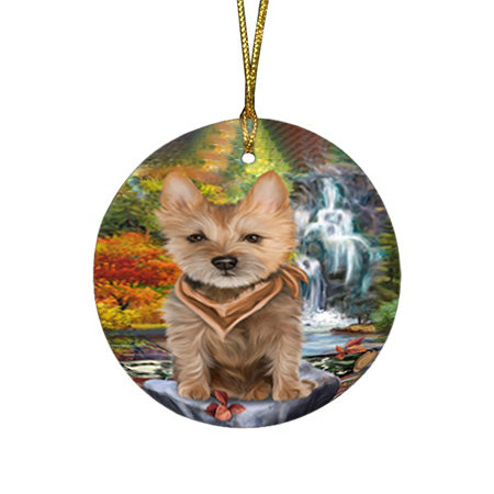 Scenic Waterfall Australian Terrier Dog Round Flat Christmas Ornament RFPOR50140